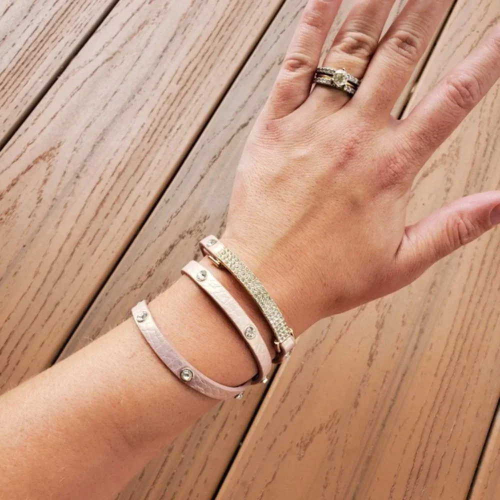 Pastel Pink Faux Leather Wrap Bracelet Rhinestones Glam Party Casual Boho Preppy - Picture 7 of 7